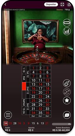 Tela com mesa de roleta ao vivo com dealer apresentando jogo e dizendo os números para os espectadores.