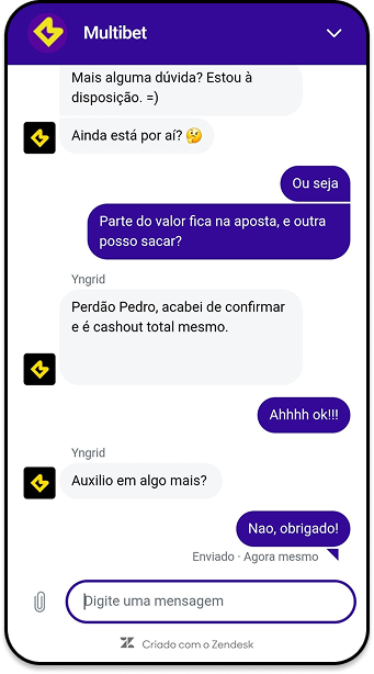 Conversa no chat ao vivo da Multibet com confirmação de que o cashout será total.