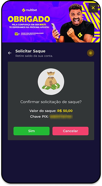 Saque da casa de apostas Multibet com confirmação de retirada de R$ 50 via Pix.