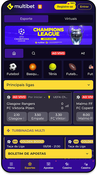 Versão mobile da Multibet com destaque para apostas na Champions League.
