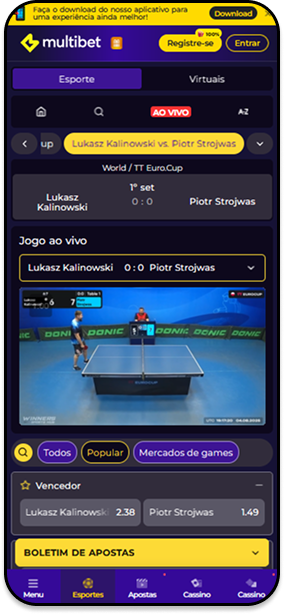 Transmissão ao vivo de partida de tênis de mesa na casa de apostas Multibet