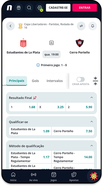 Odds na Novibet para o jogo Estudiantes de La Plata x Cerro Porteño pela Copa Libertadores