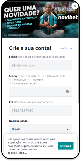 Cadastro na Novibet com código promocional Novibet PLACAR.
