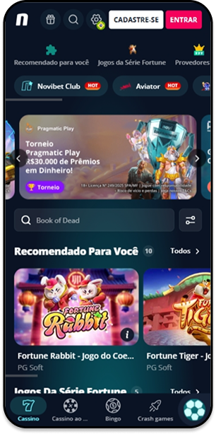 Página principal dos slots online no cassino Novibet com destaque para os jogos da saga Fortune e Sweet Bonanza
