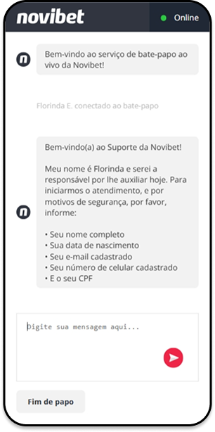 Mensagens no chat ao vivo da Novibet e atendimento humanizado.