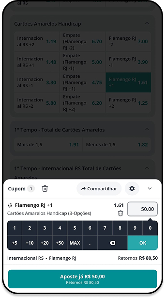 Aposta em handicap de cartões na casa de apostas Novibet para um jogo do Brasileirão
