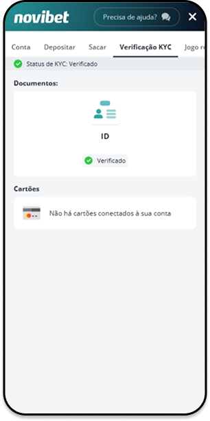 Página de Verificação KYC com status verificado na Novibet.
