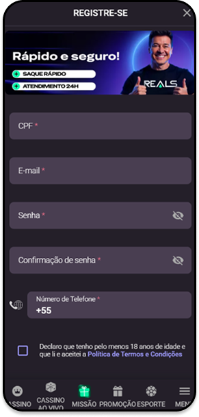 Formulário de cadastro na Realsbet com campos de dados pessoais, como CPF e e-mail