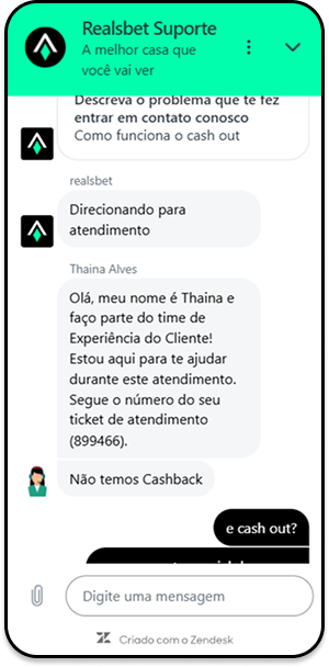 Chat ao vivo na Realsbet com o atendente respondendo pergunta sobre o cashout