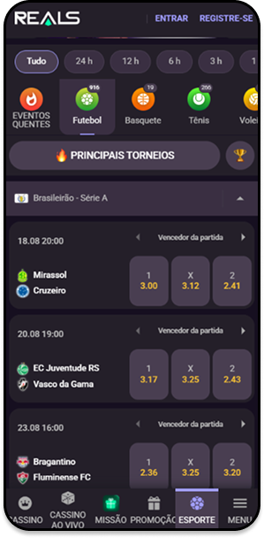 Seção de apostas esportivas no site responsivo da Realsbet