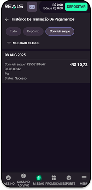Saque com Pix concluído na casa de apostas Realsbet no valor de R$10,72