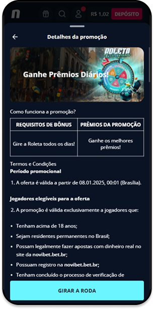 Promoção de Roleta de Prêmios da Novibet com chances de rodadas grátis e apostas extras todos os dias.
