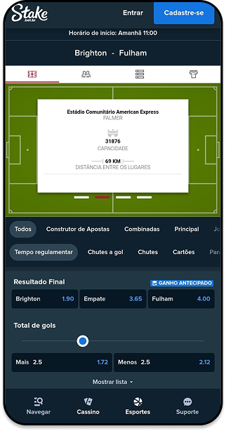 Odds na Stake para o jogo Brighton x Fulham, mostrando mercados como resultado final e total de gols.