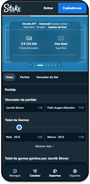 Partida ao vivo na Stake entre Jennik Sinner e Felix Auger Aliassime com cotações de total de games e vencedor da partida pelo Circuito ATP
