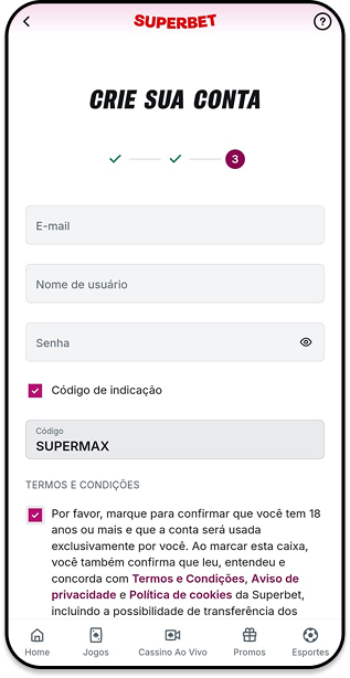 Formulário de cadastro do Superbet cassino com campo para inserir código promocional SUPERMAX