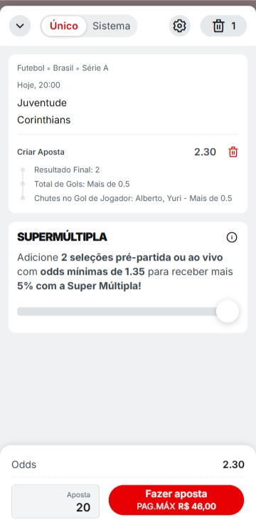 Bilhete de apsota na Sperbet com Criar Aposta envolvendo mercados do jogo Juventude x Corinthians pelo Brasileirão
