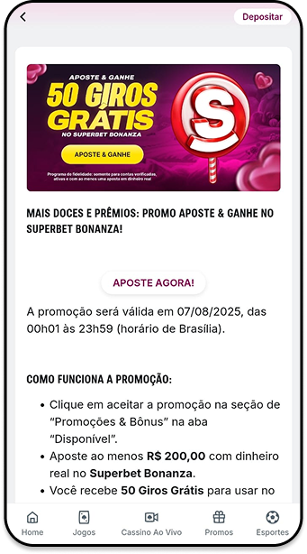 Superbet cassino com destaque para a promoção de 50 giros grátis no jogo Sweet Bonanza