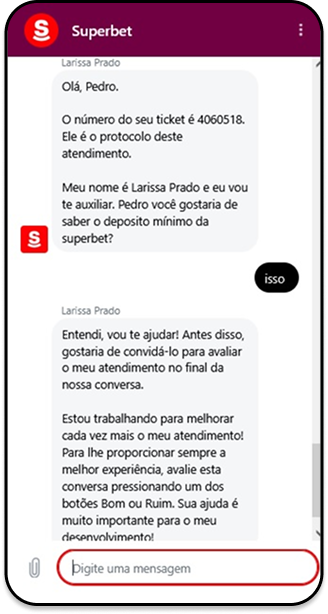 Chat ao vivo do Superbet cassino apresentando uma conversa com o cliente