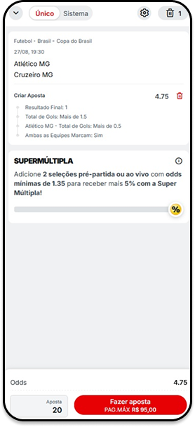 Criar aposta na Superbet para Atlético MG x Cruzeiro MG pela Copa do Brasil, com mercados de resultado final, total de gols, ambas equipes marcam