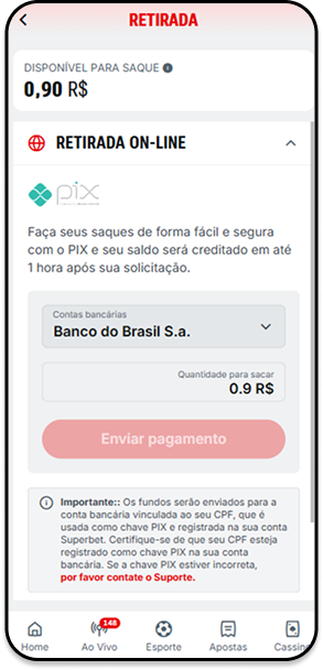 Página de saque sem taxa a partir de R$1 na Superbet