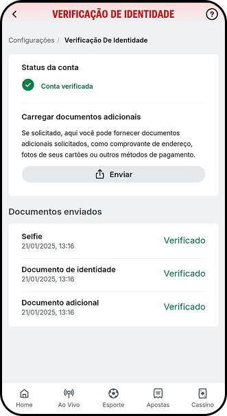 Área de verificação de conta da Superbet com o status da conta e documentos enviados