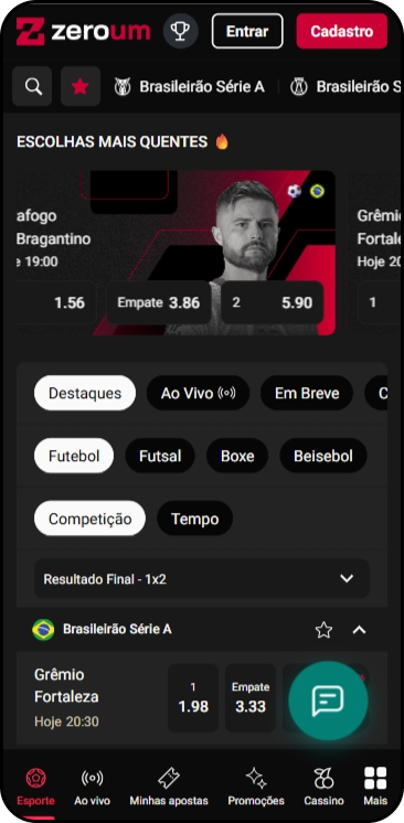 Página de esportes da Zero com destaque para a partida Atlético GO vs CRB na série B do Brasileirão