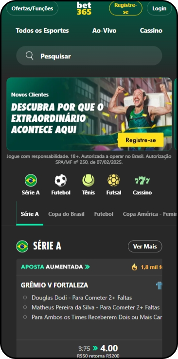 Página principal da bet365 com banner para download do app