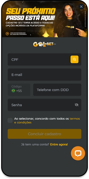 Formulário de cadastro Gol de Bet com campo de CPF e e-mail em destaque