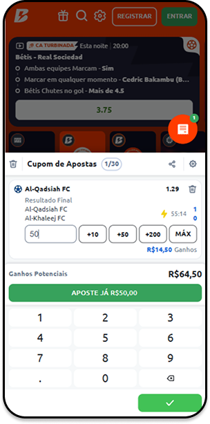 Bilhete de apostas na Betano com valor de R$50 em odds 1.30 na vitória do Al-Qadsiah FC contra o Al-Khaleej FC
