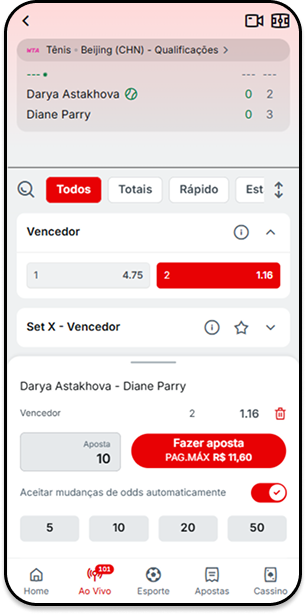 Cupom de apostas na Superbet com odds 1.14 em Diane Parry no WTA de Beijing contra Darya Astakhova.