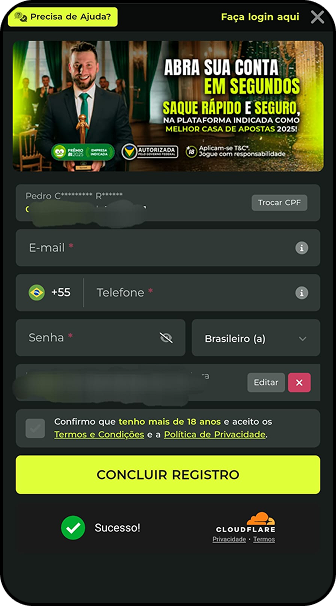Cadastro na B2xbet com formulário de dados pessoais e botão para concluir registro.
