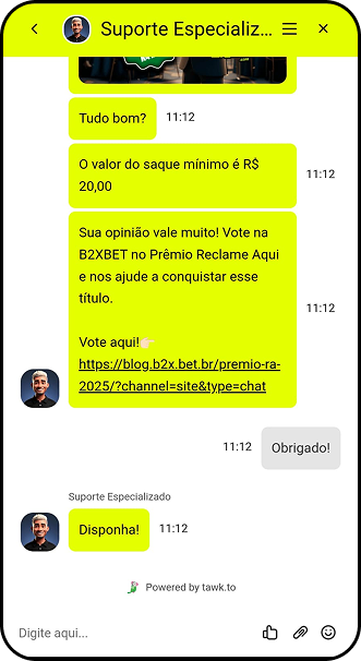 Chat de atendimento da B2xbet com informação sobre saque mínimo de R$20.