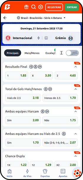 Mercados de apostas na Betano para Internacional x Grêmio, com odds para resultado final