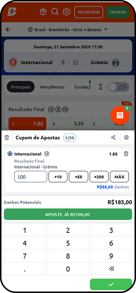 Cupom de apostas na Betano com palpite em Internacional contra Grêmio, valor de R$100 e ganho potencial de R$185.