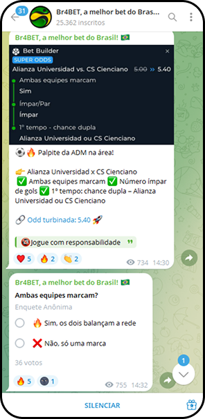 Canal da Br4Bet no Telegram exibindo palpite de Bet Builder para o jogo Alianza Universidad x CS Cienciano, com odds de 5.40.