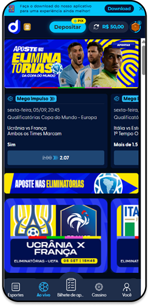 Mercados de apostas ao vivo na Donald Bet com cotações para Ucrânia x França pelas Eliminatórias da Copa do Mundo