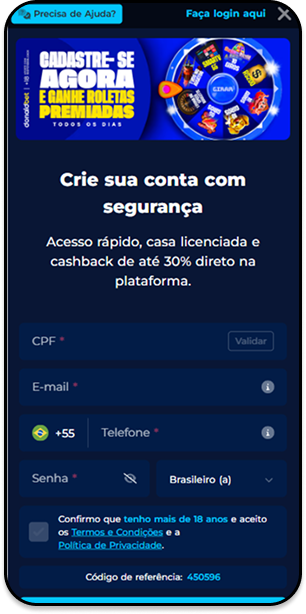Formulário de cadastro na Donald Bet com campos para informações pessoais e senha
