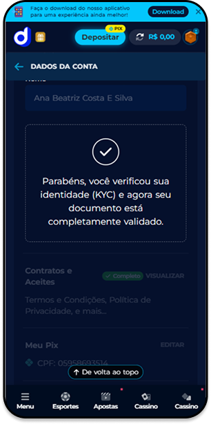 Processo de verificação KYC validado na Donald Bet