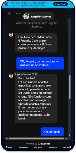 Chat ao vivo na Donald bet com o agente trazendo informações sobre o cash out
