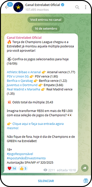 Mensagem no canal oficial da EstrelaBet no Telegram destacando múltipla da Champions League com odds de 20.43.