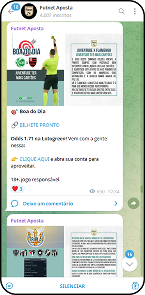 Canal Futnet Aposta no Telegram mostrando bilhete pronto com odd 1.71 para Juventude ter mais cartões contra o Flamengo.
