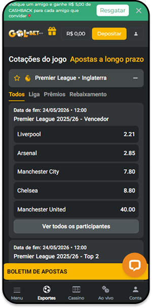 Mercados a longo prazo para apostar Premier League na Gol de Bet
