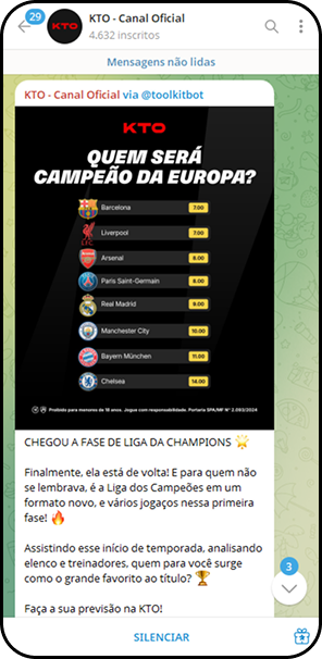 Publicação no canal oficial da KTO no Telegram perguntando quem será campeão da Champions League