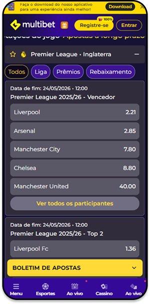 Mercado de Premier League 2025/26 – Vencedor na Multibet com o Liverpool como favorito
