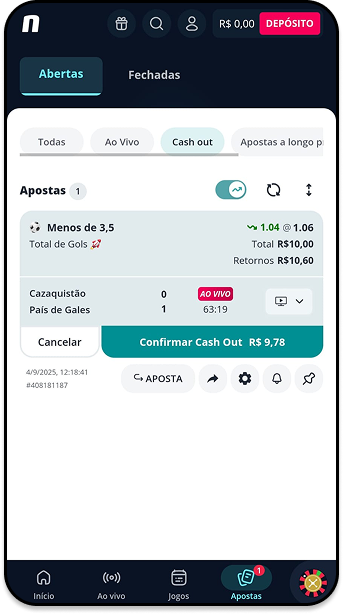 Odds na Novibet para a aposta em menos de 3,5 gols no jogo Cazaquistão x País de Gales, com opção de confirmar cash out no valor de R$9,78.