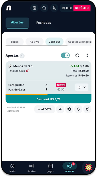 Odds na Novibet para a aposta em menos de 3,5 gols no jogo Cazaquistão x País de Gales, com opção de cash out no valor de R$9,78.