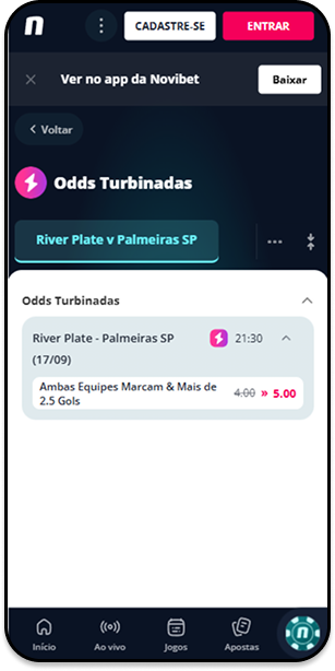 Odds turbinadas nos mercados Ambas Equipes Marcam e Mais de 2.5 Gols na partida River Plate x Palmeiras pela Novibet
