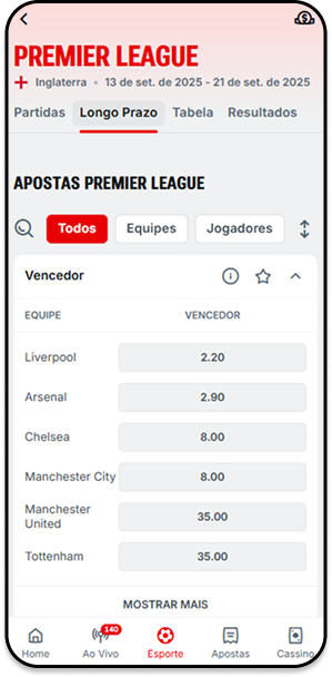 Casa de apostas Superbet com o Liverpool como o favorito no mercado de Vencedor da Premier League 2025/26.