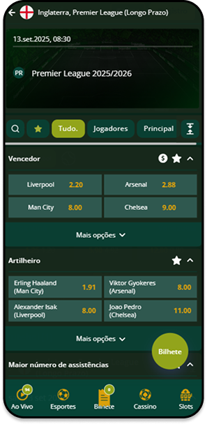 Página de apostas a longo prazo na Premier League com mercado de Vencedor na Segurobet
