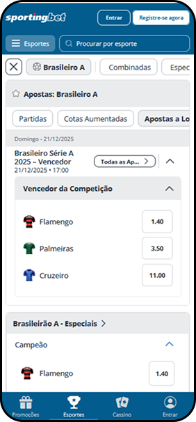 Odds na Sportingbet para o Brasileirão Série A 2025, mercado de vencedor, com Flamengo, Palmeiras e Cruzeiro